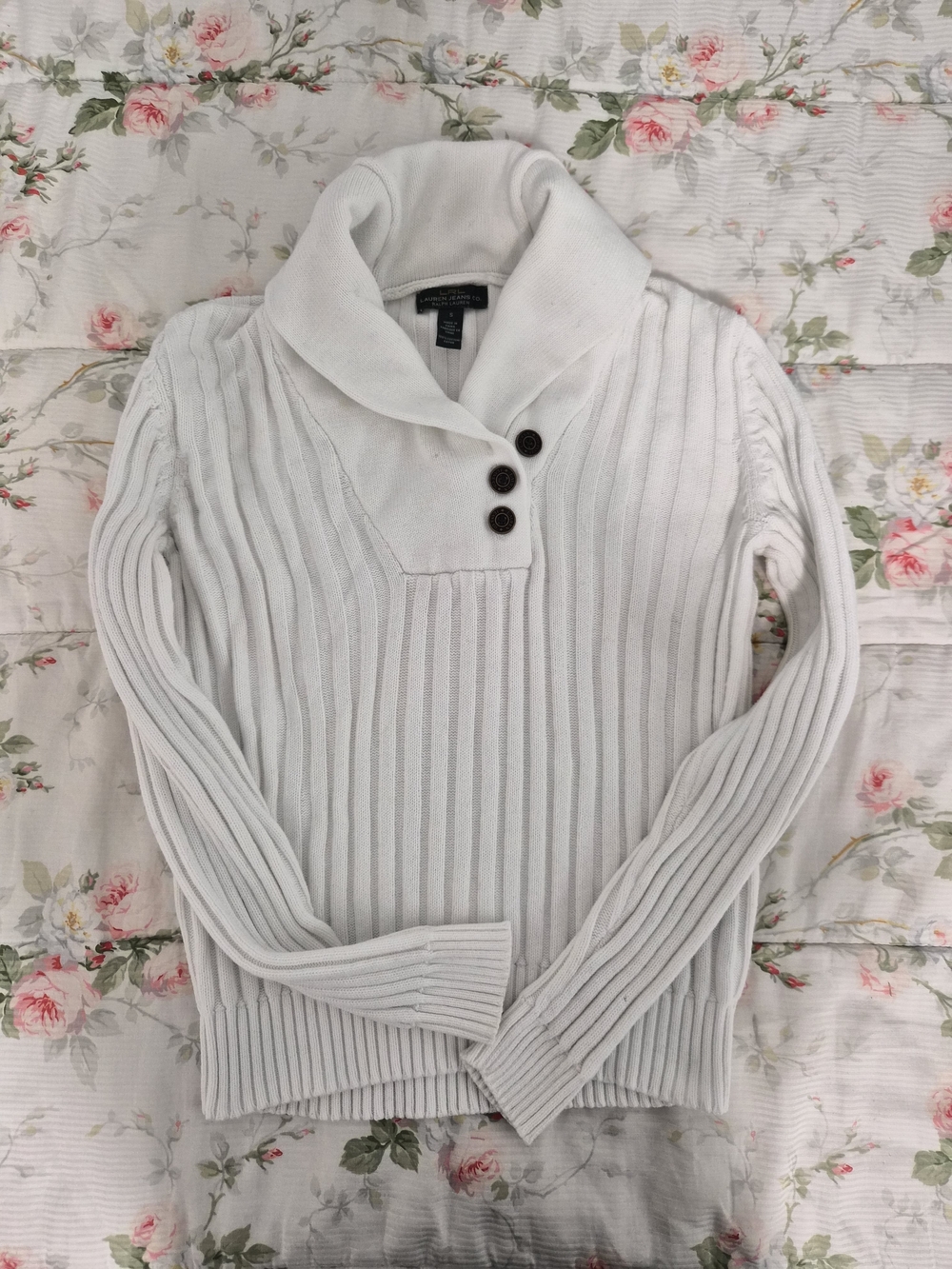 Ralph Lauren Cream Ribbed Shawl-Collar Sweater with Button Placket